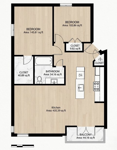 Floor plan for 2 beds, 1 bath, 716 sqft